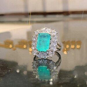 925 Silver Exclusive Blue Emerald Cut Cubic Zirconia Ring, FB16FA1064